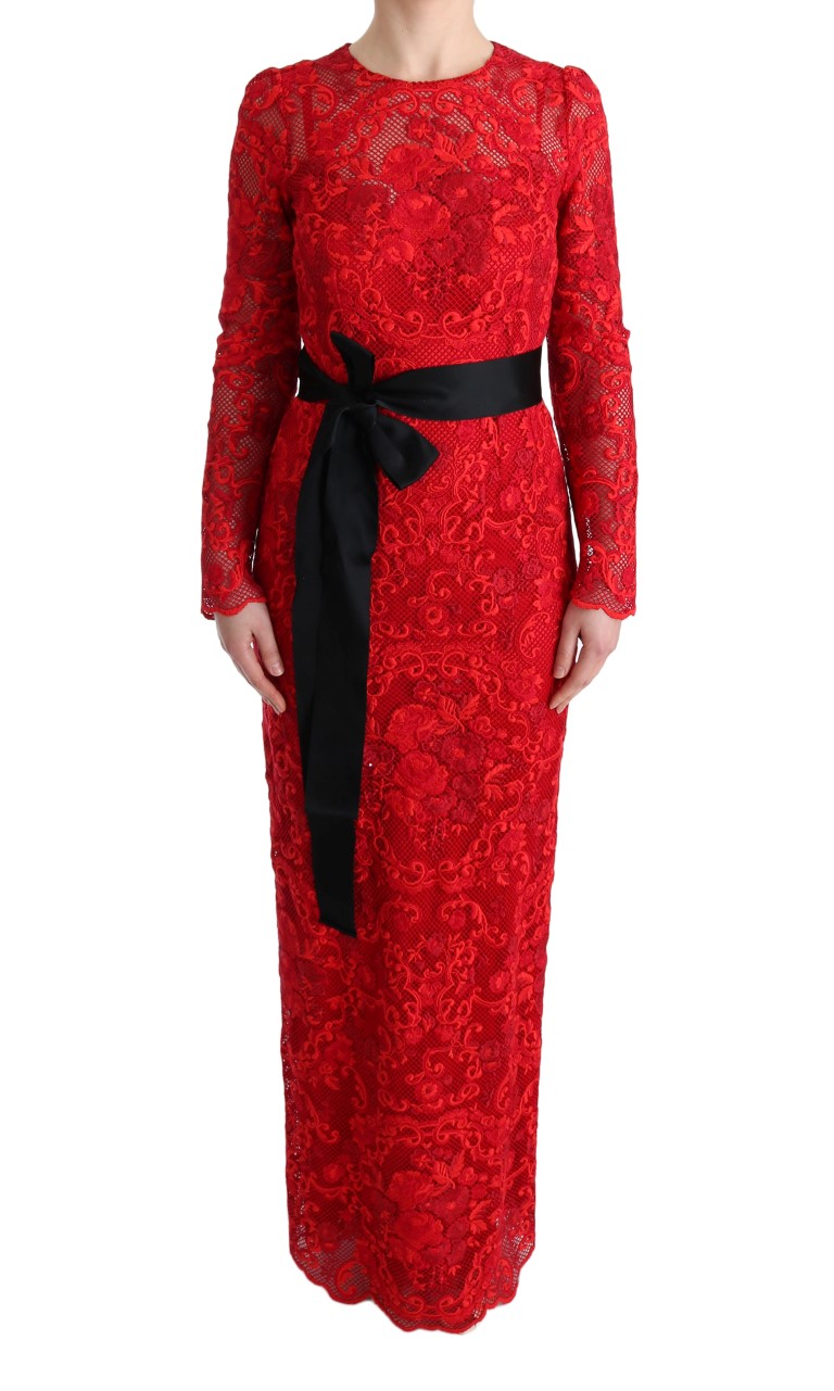Dolce & Gabbana Red Floral Ricamo Sheath Long Dress • Fashion Brands Outlet
