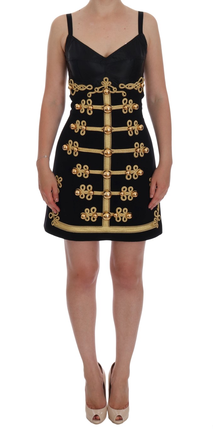 Dolce & Gabbana Black Wool Stretch Gold A-Line Dress • Fashion Brands Outlet