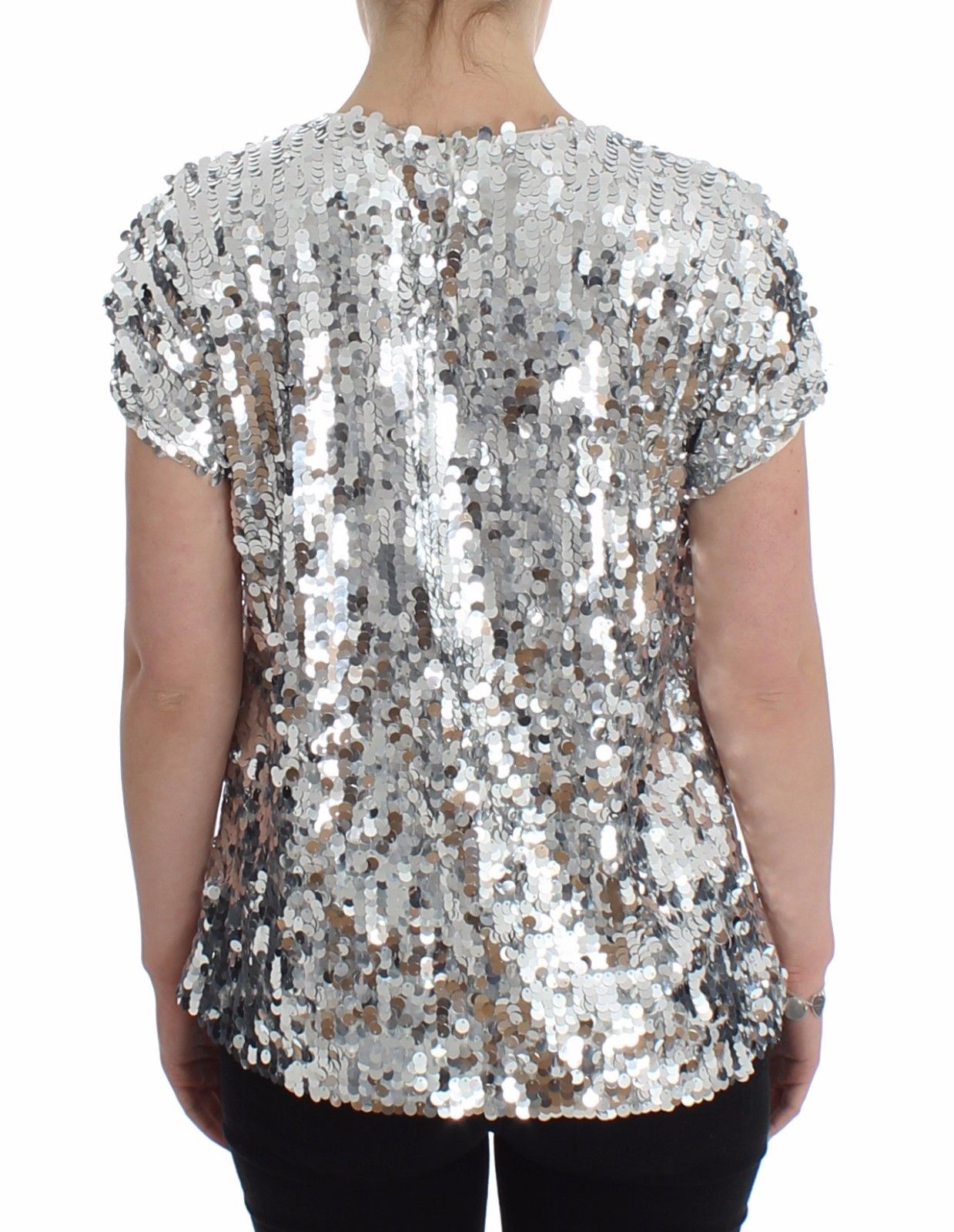 Dolce & Gabbana Silver Sequined Crewneck Blouse T-shirt Top • Fashion ...