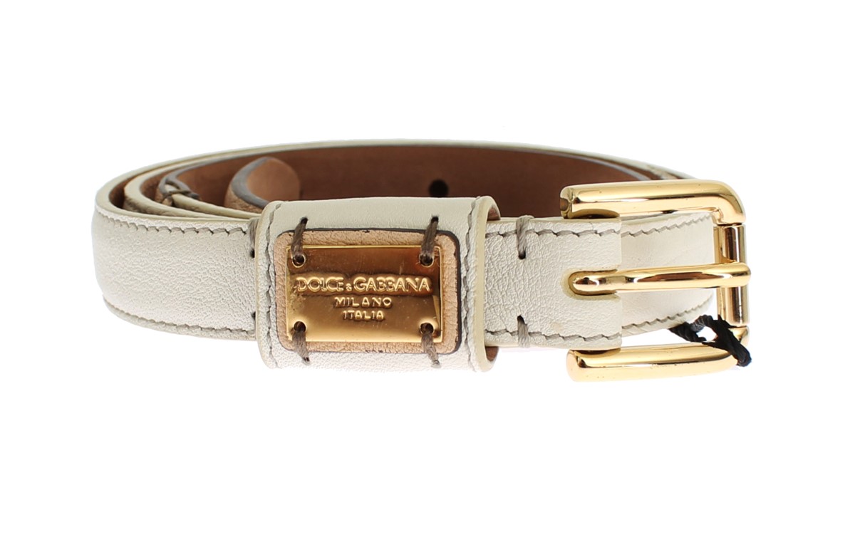 Dolce & Gabbana White Leather Gold Buckle Logo Waist Belt • Fashion Brands Outlet
