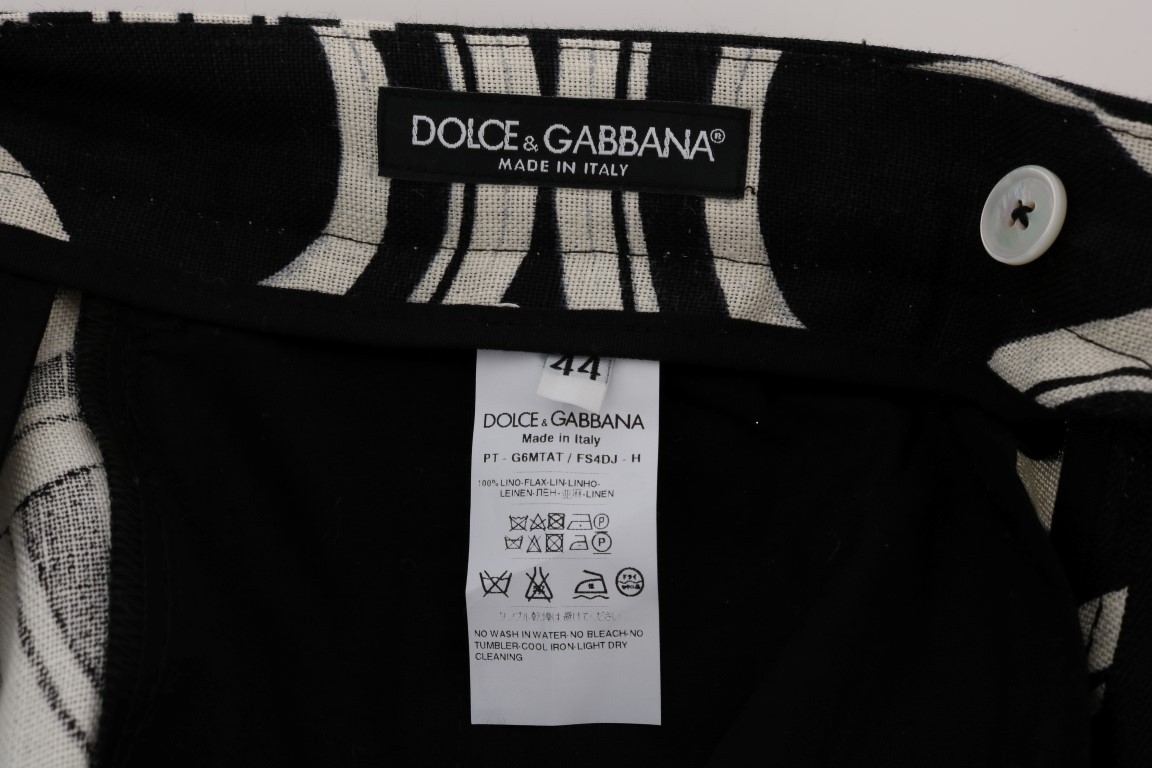 Dolce & Gabbana Black White Pattern 100% Linen Pants • Fashion
