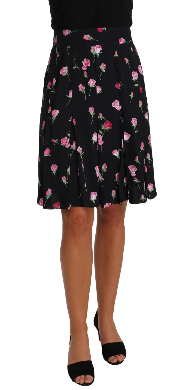 657532 Black Rose Print Floral Knee Length Skirt.jpg