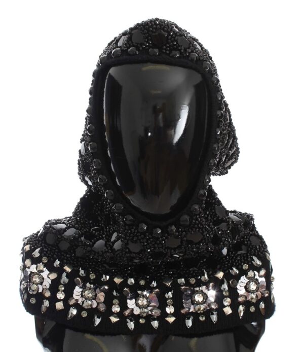 NEW $2100 DOLCE & GABBANA Hood Scarf Hat Crystal Sequined Black Knitted Wool