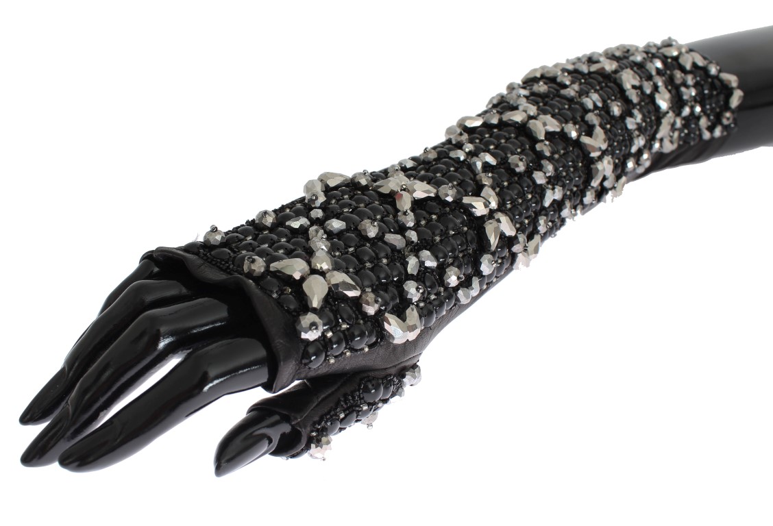 Dolce & Gabbana Black Leather Crystal Beaded Finger Free Gloves ...