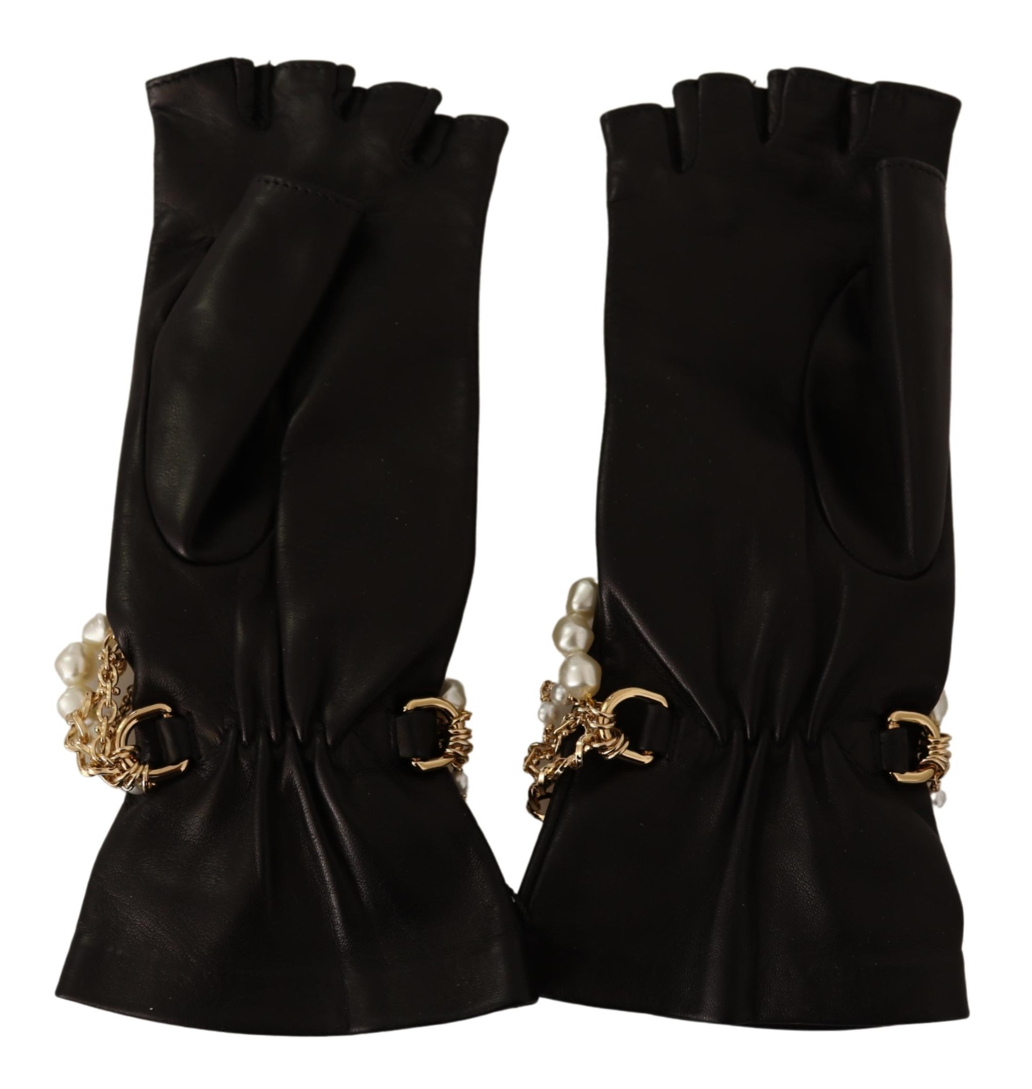Dolce & Gabbana Black Leather Golden Chains Fingerless Gloves • Fashion Brands Outlet