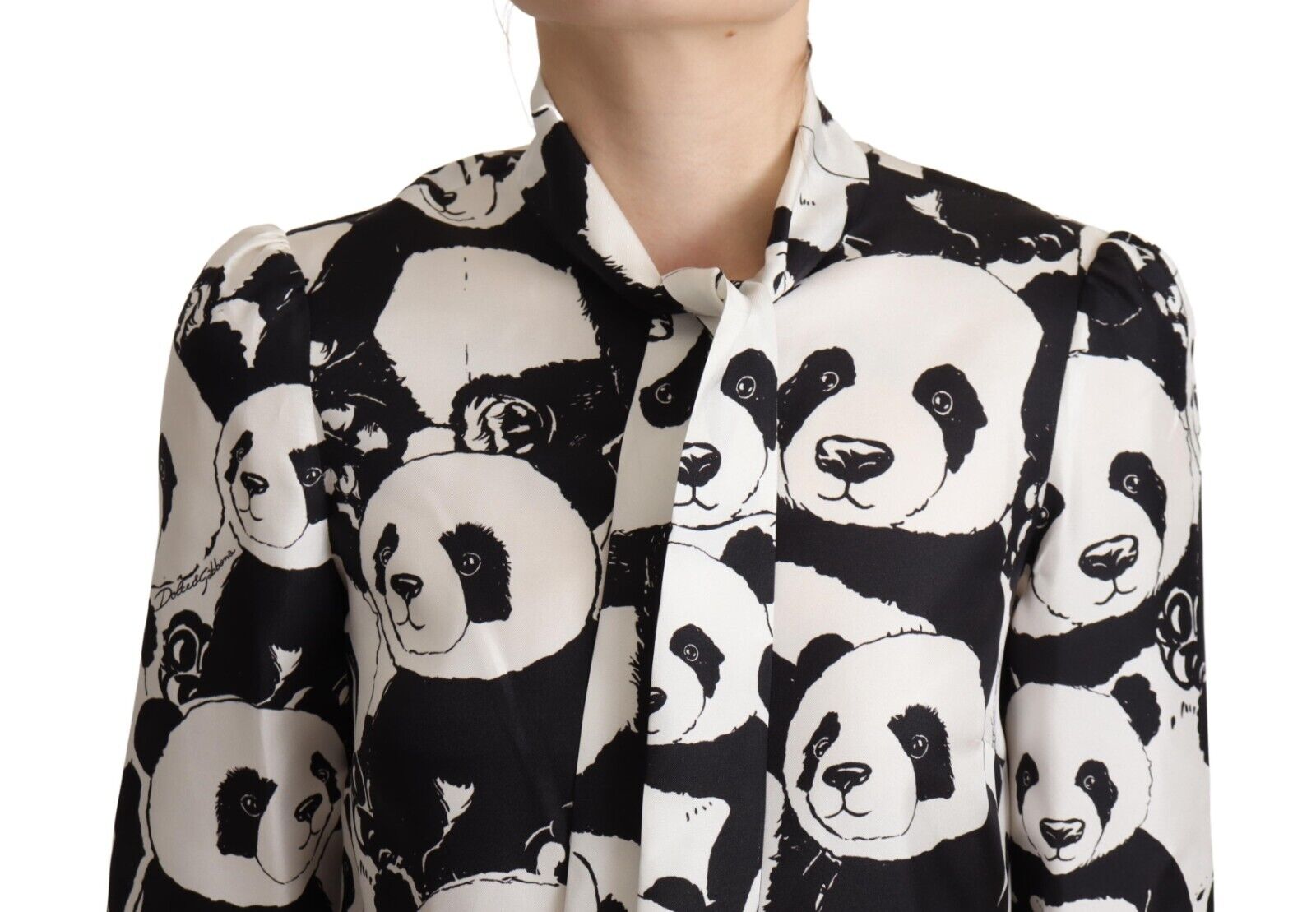 Dolce & Gabbana Black White Panda Print Silk Ascot Collar Top • Fashion  Brands Outlet