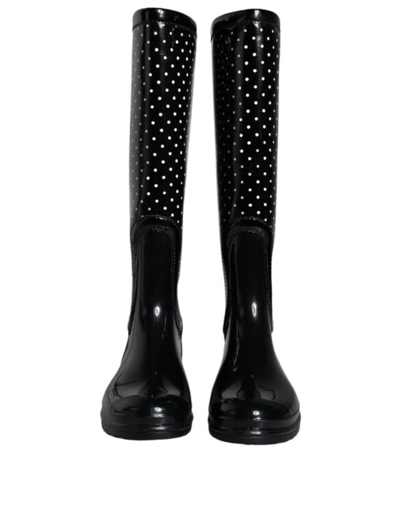 Black Polka Dot Rubber Knee High Boots Shoes - Image 2