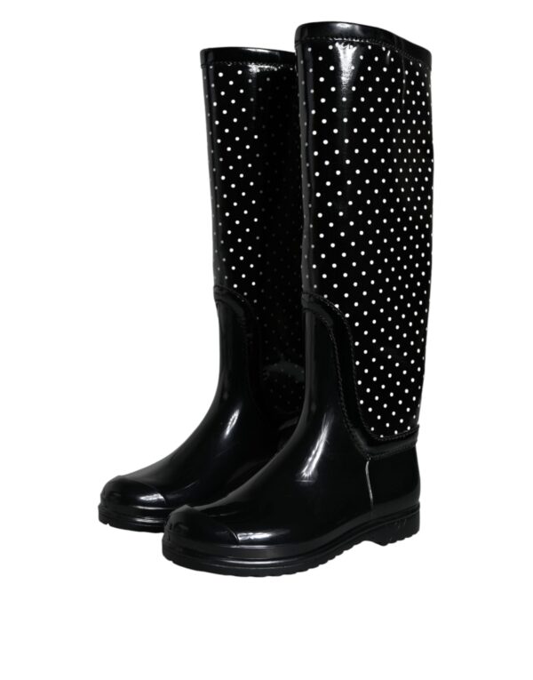 Black Polka Dot Rubber Knee High Boots Shoes - Image 3