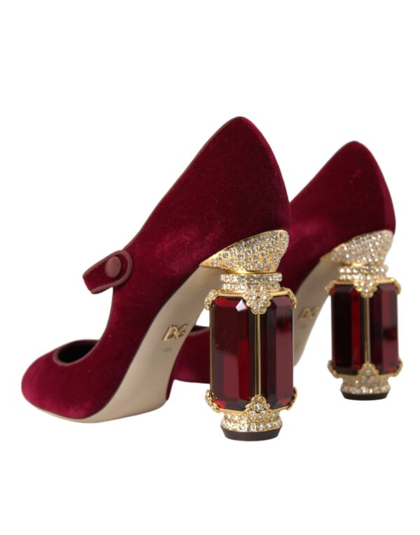 Dolce & Gabbana Red Velvet Gold Crystals Heels Mary Jane Shoes - Image 4