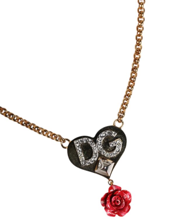 Dolce & Gabbana Gold Brass Cuore Heart Rose Crystal Embellished Necklace - Image 3